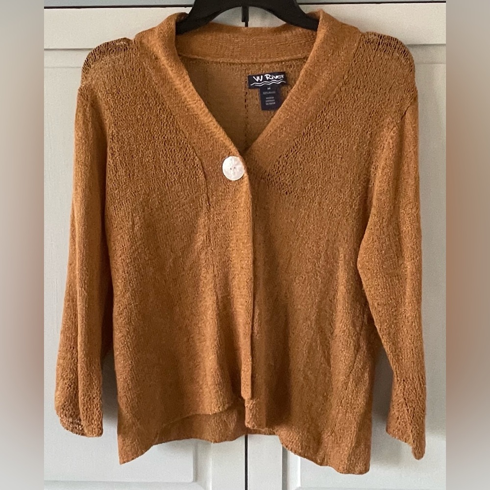 W River Cardigan Caramel Brown Open Front One Button 3/4 Bell Sleeves Size M